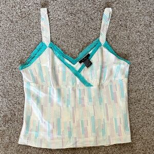 100% silk Lace-Trim Striped Cami Tank Top in Teal and Cream
